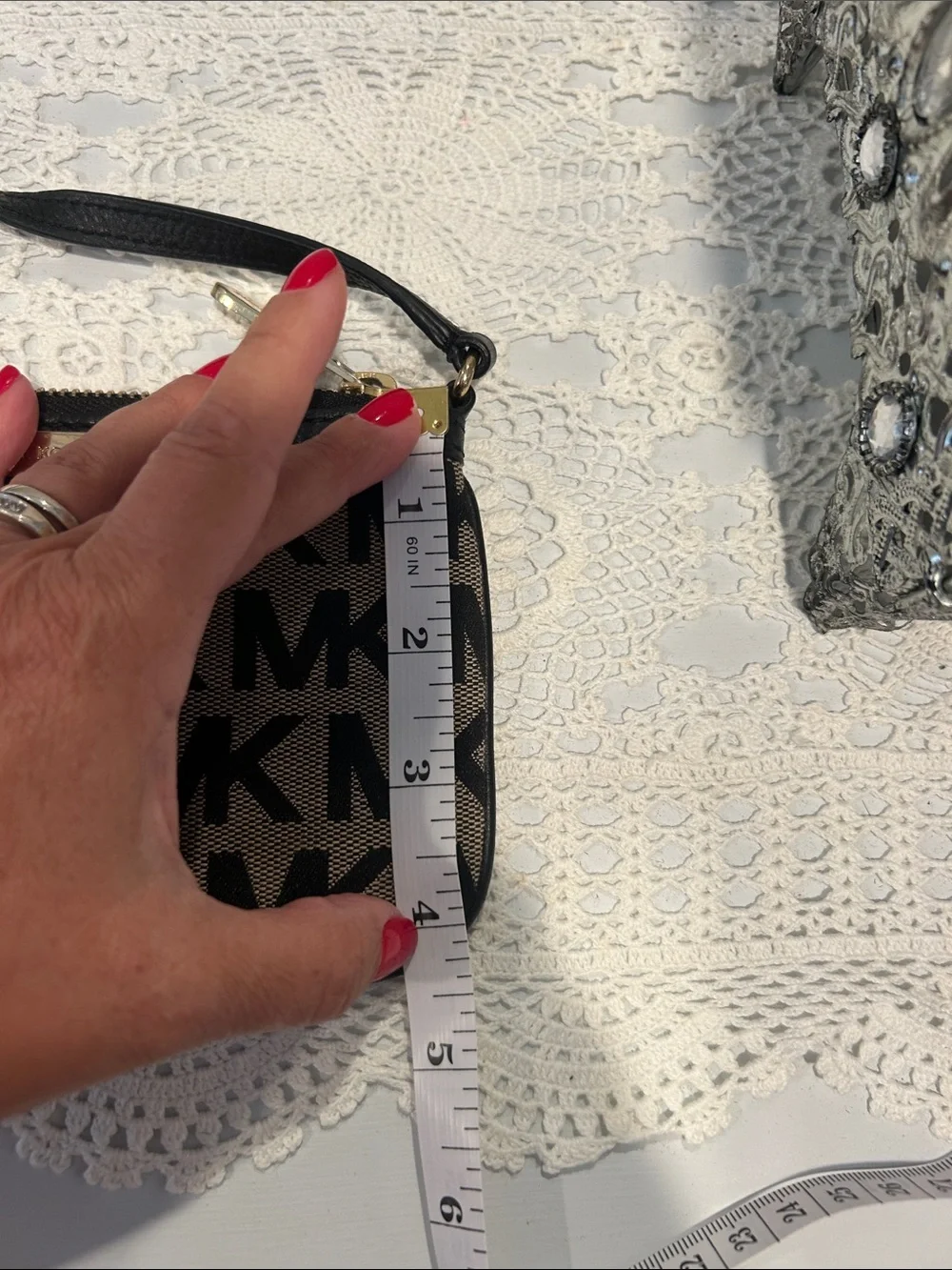 Michael Kors Black and Beige Logo Sequin Wristlet